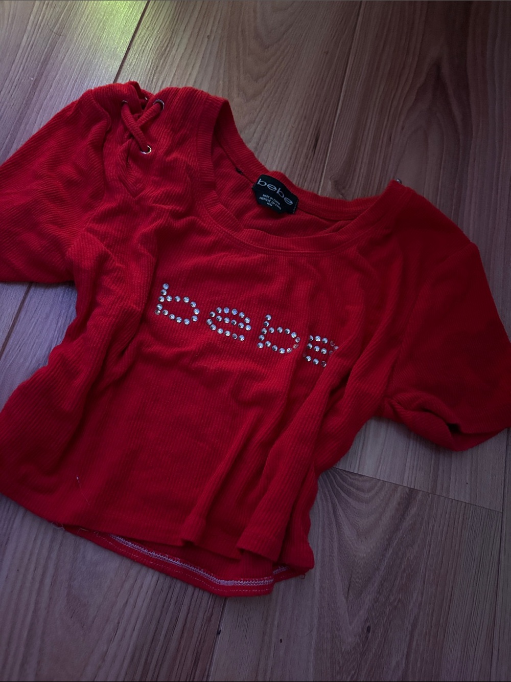 bebe Red Rhinestone Logo Lace-Up Shoulder Crop Tee